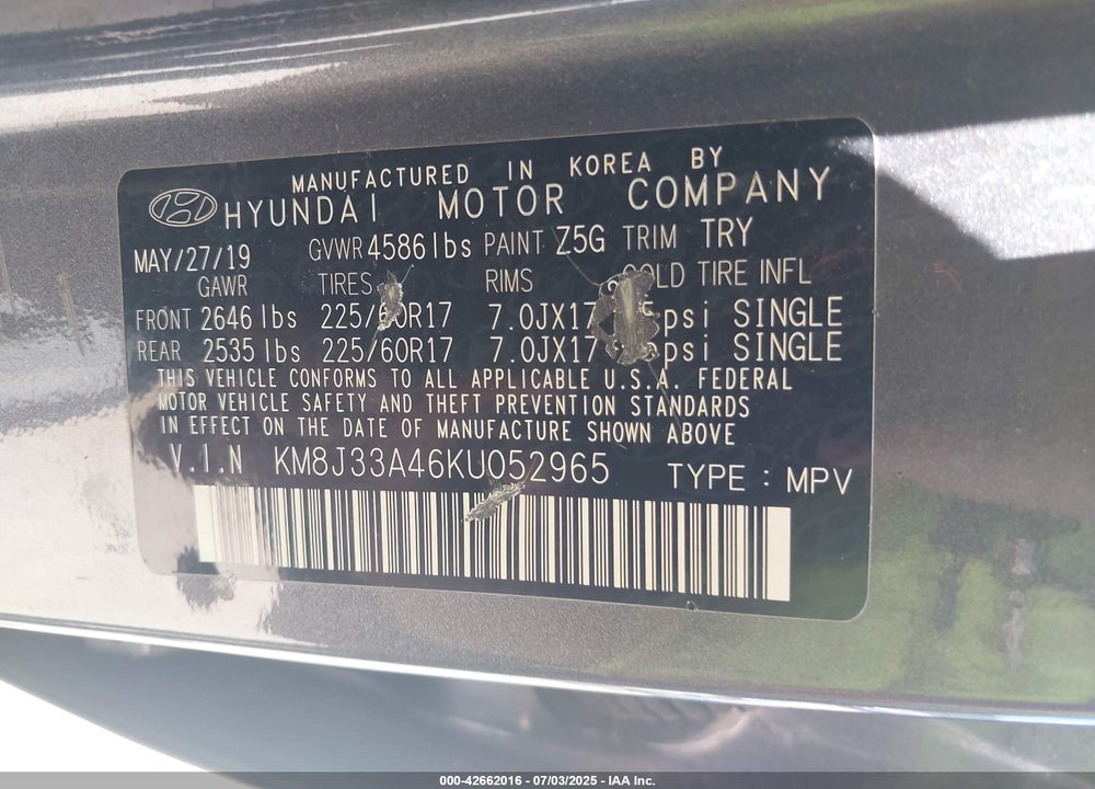 2019 HYUNDAI TUCSON VIN: KM8J33A46KU052965