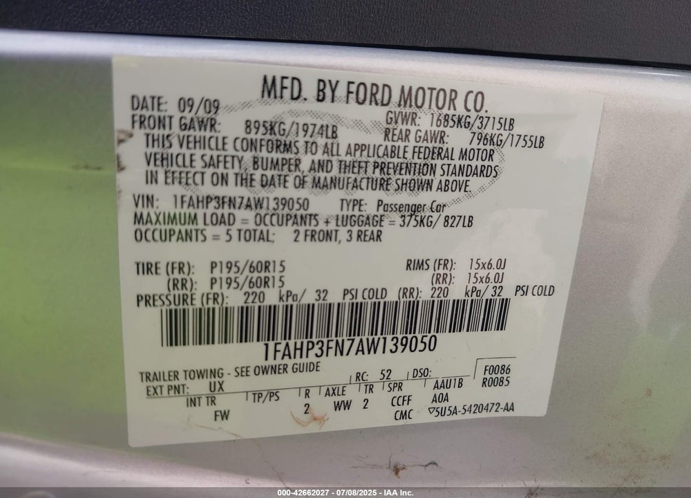 2010 FORD FOCUS VIN: 1FAHP3FN7AW139050