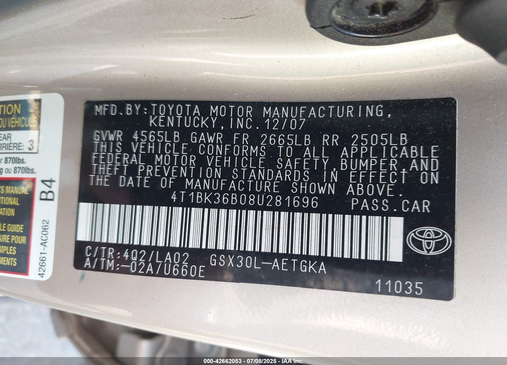 2008 TOYOTA AVALON XLS VIN: 4T1BK36B08U281696
