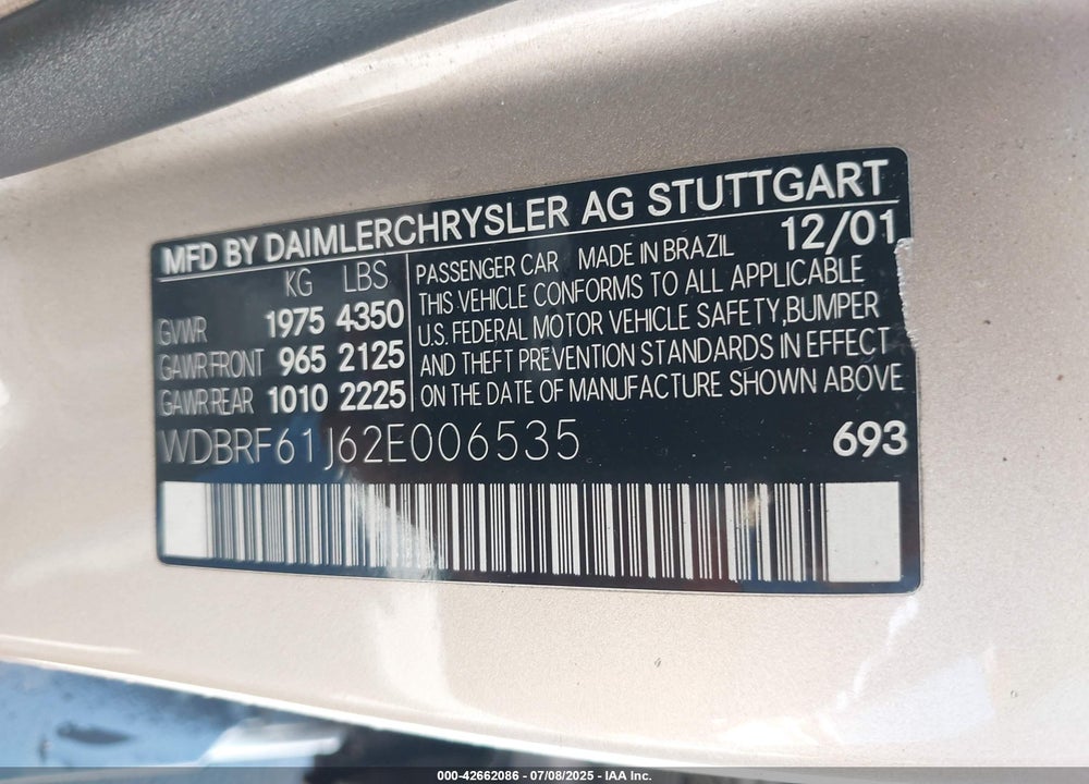 2002 MERCEDES-BENZ C 240 VIN: WDBRF61J62E006535
