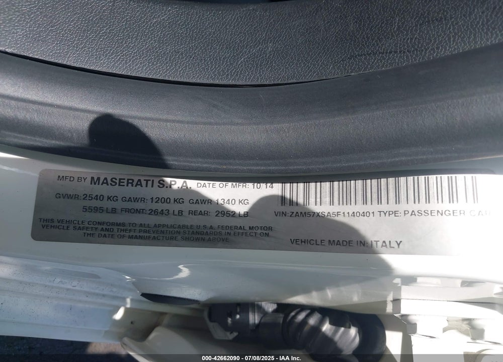 2015 MASERATI GHIBLI VIN: ZAM57XSA5F1140401