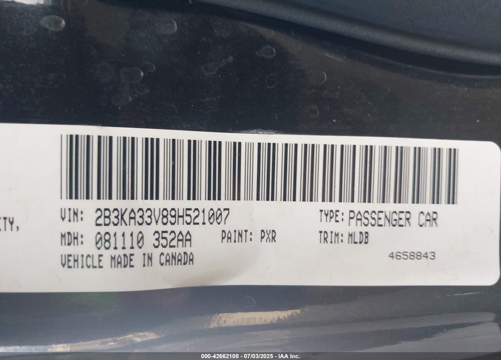 2009 DODGE CHARGER VIN: 2B3KA33V89H521007