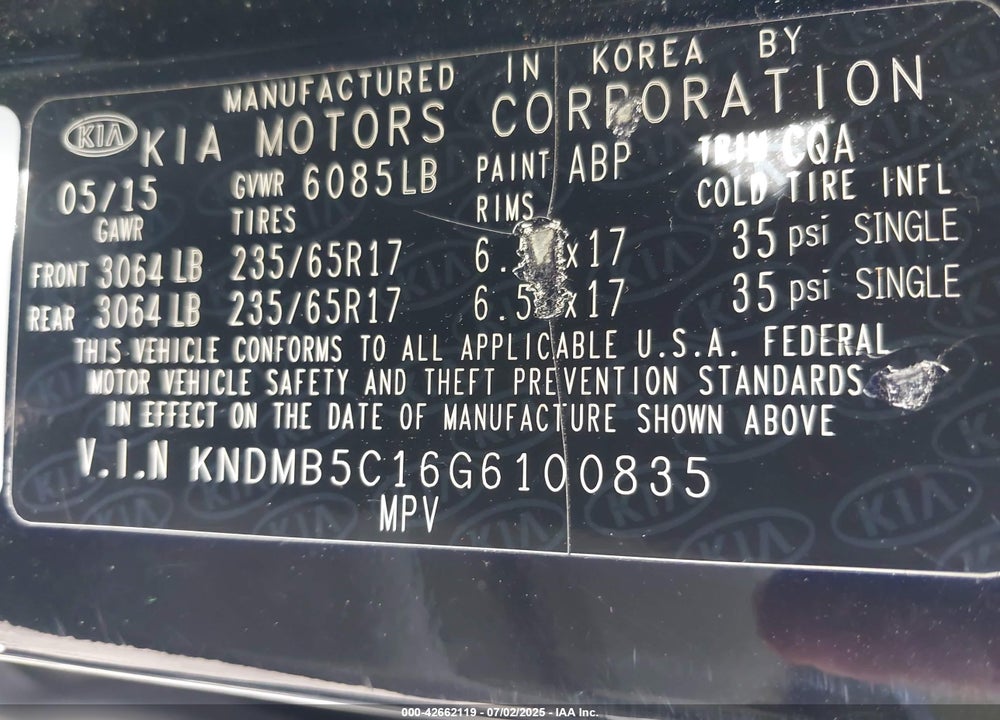 2016 KIA SEDONA LX VIN: KNDMB5C16G6100835