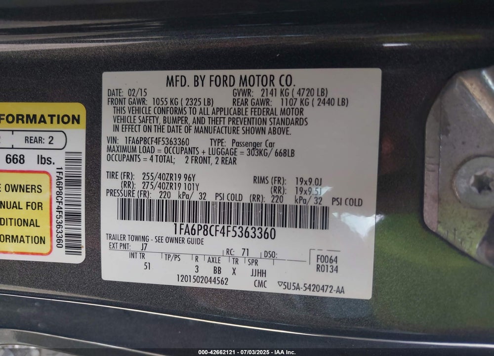 2015 FORD MUSTANG VIN: 1FA6P8CF4F5363360