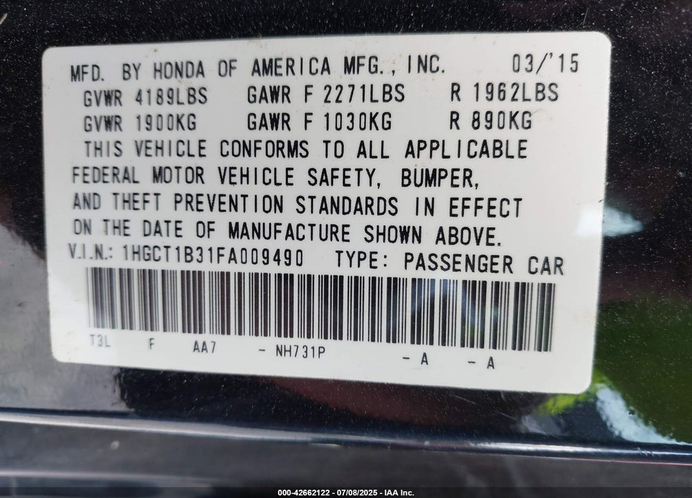 2015 HONDA ACCORD LX-S VIN: 1HGCT1B31FA009490