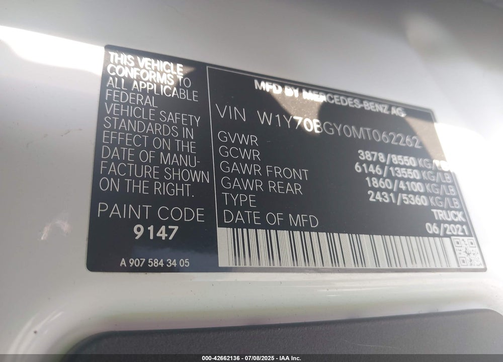 2021 MERCEDES-BENZ SPRINTER 1500 STANDARD ROOF I4 VIN: W1Y70BGY0MT062262