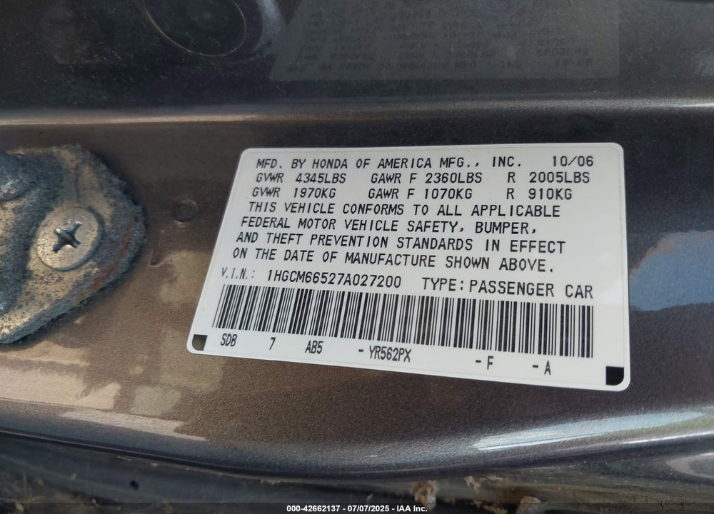 2007 HONDA ACCORD VIN: 1HGCM66527A027200