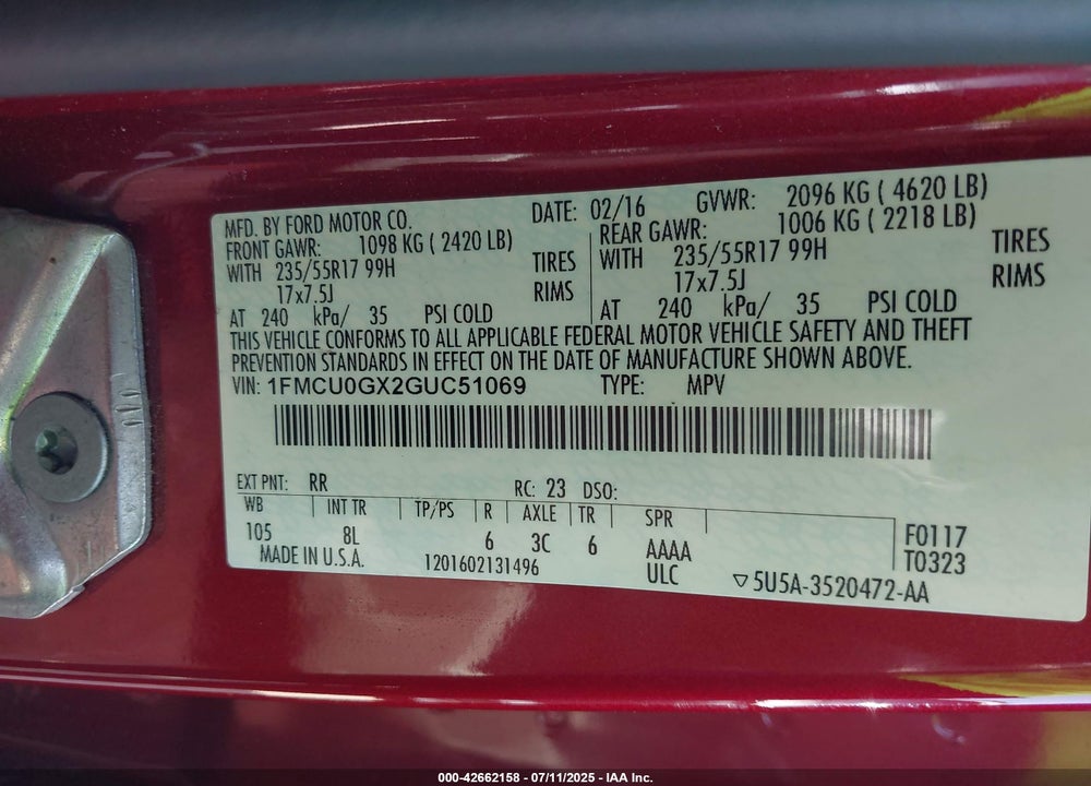 2016 FORD ESCAPE VIN: 1FMCU0GX2GUC51069