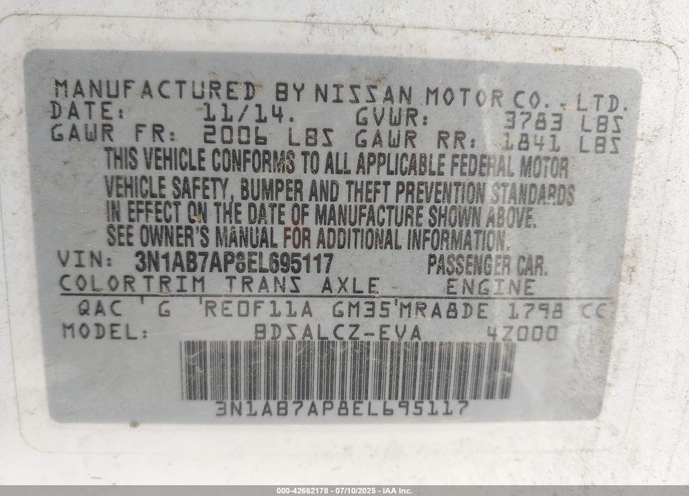 2014 NISSAN SENTRA VIN: 3N1AB7AP8EL695117