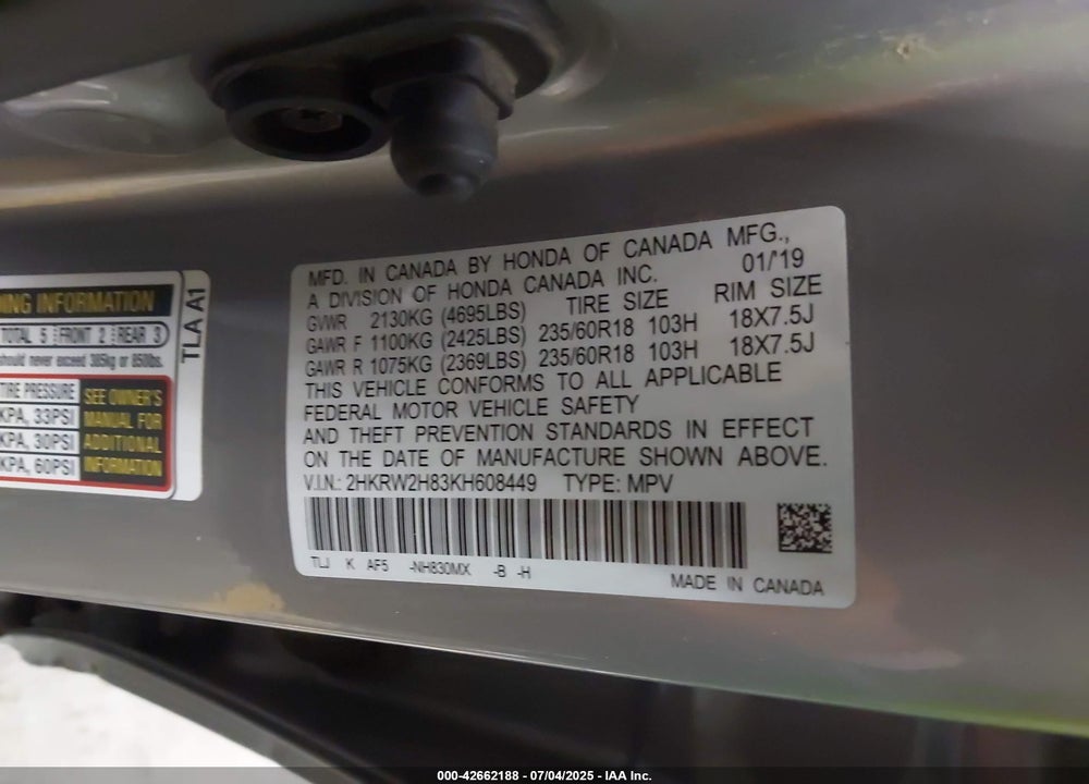 2019 HONDA CR-V VIN: 2HKRW2H83KH608449