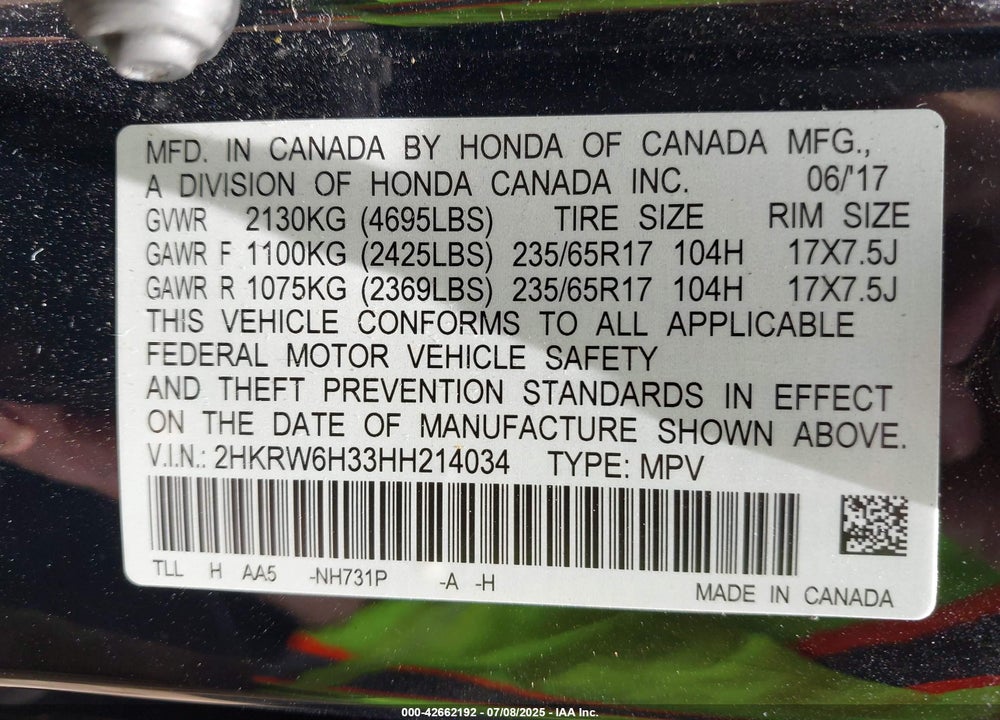 2017 HONDA CR-V LX VIN: 2HKRW6H33HH214034