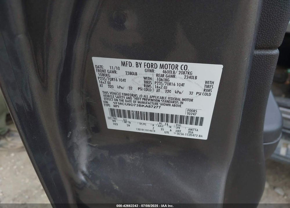 2011 FORD ESCAPE XLT VIN: 1FMCU9D73BKA87277