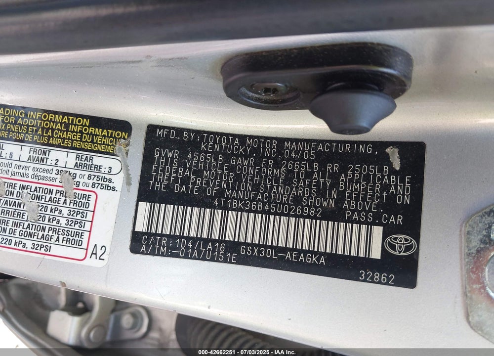 2005 TOYOTA AVALON XLS VIN: 4T1BK36B45U026982