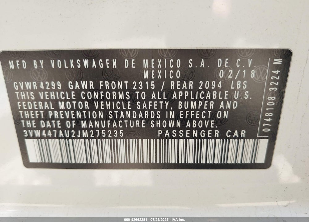 2018 VOLKSWAGEN GOLF VIN: 3VW447AU2JM275235