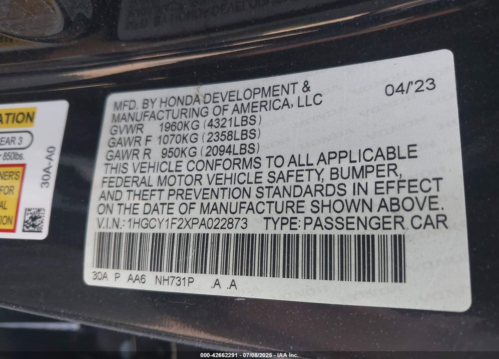 2023 HONDA ACCORD LX VIN: 1HGCY1F2XPA022873