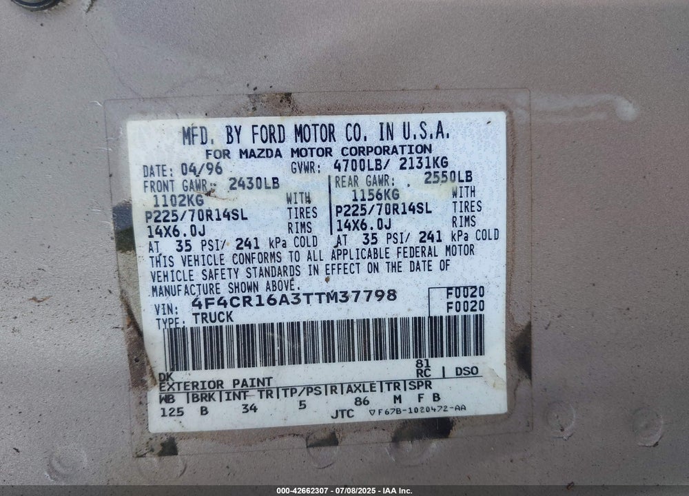 1996 MAZDA B2300 CAB PLUS VIN: 4F4CR16A3TTM37798