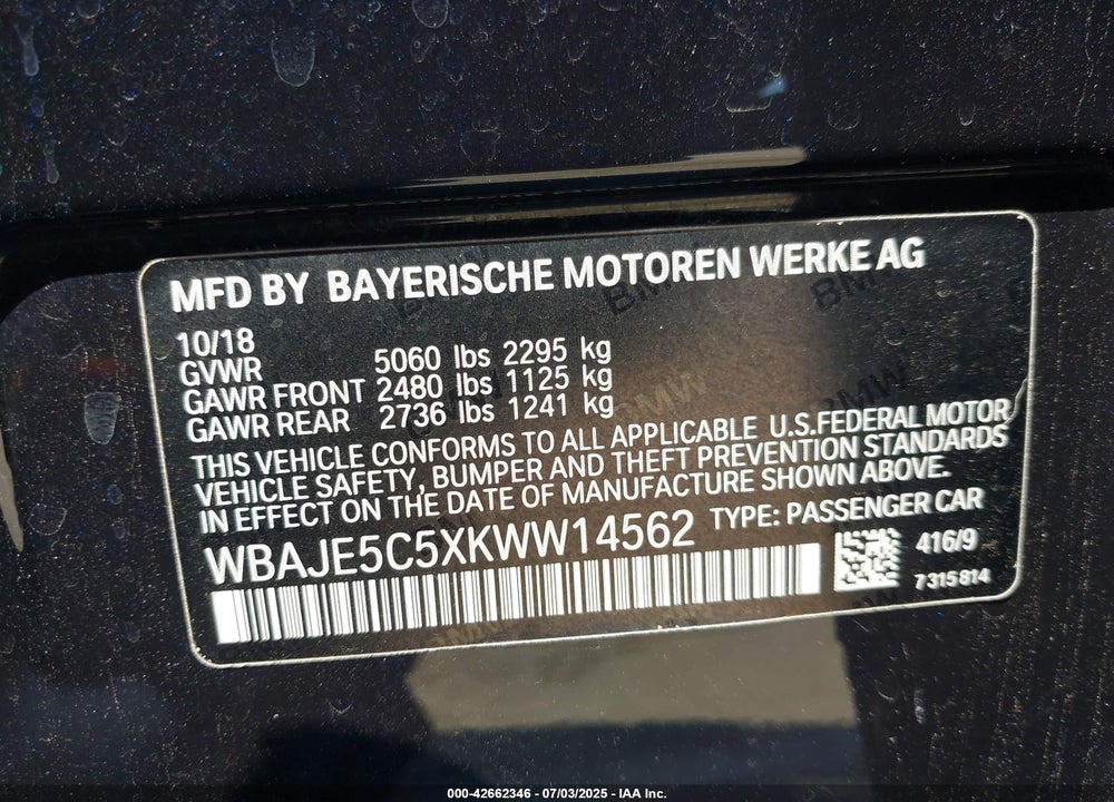 2019 BMW 5 SERIES VIN: WBAJE5C5XKWW14562