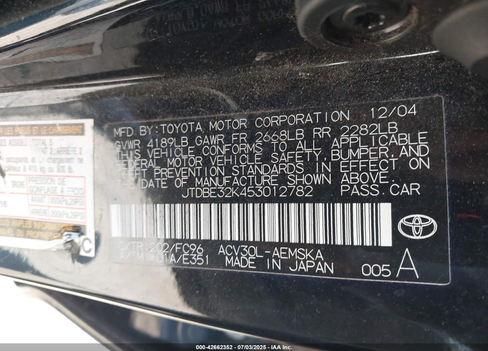 2005 TOYOTA CAMRY SE VIN: JTDBE32K453012782