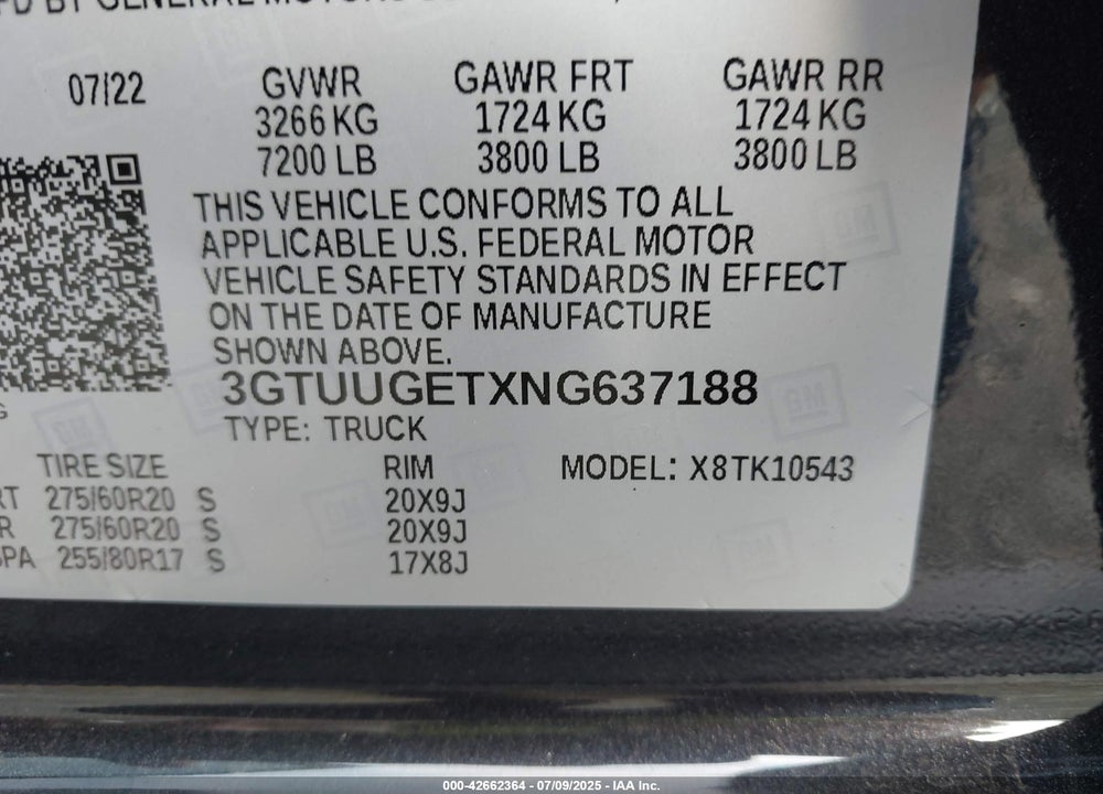 2022 GMC SIERRA 1500 VIN: 3GTUUGETXNG637188