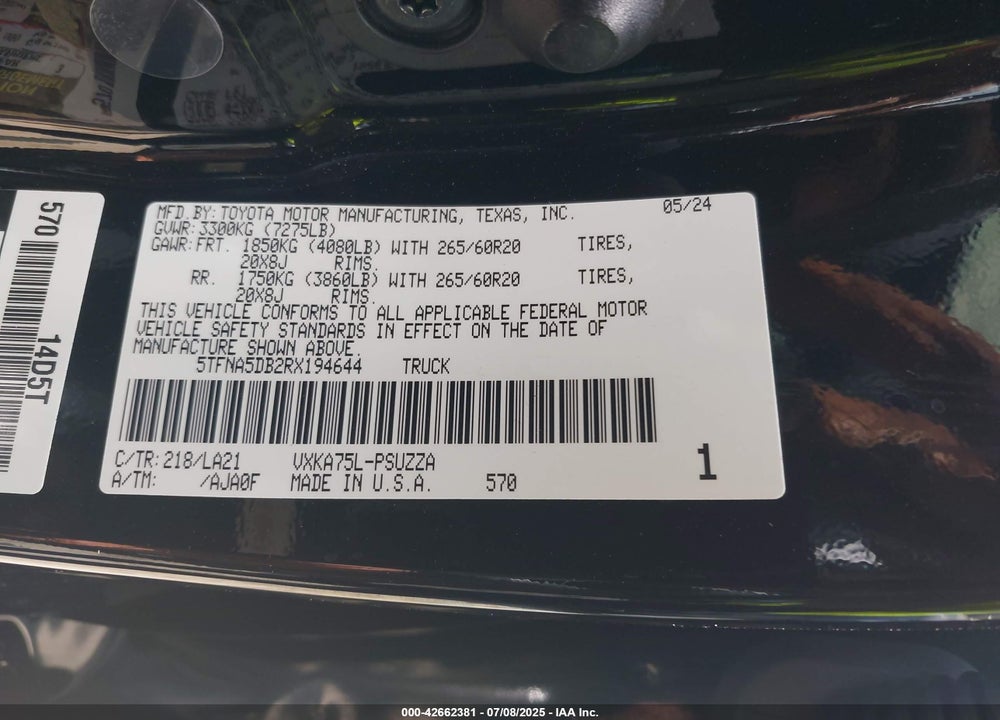 2024 TOYOTA TUNDRA VIN: 5TFNA5DB2RX194644