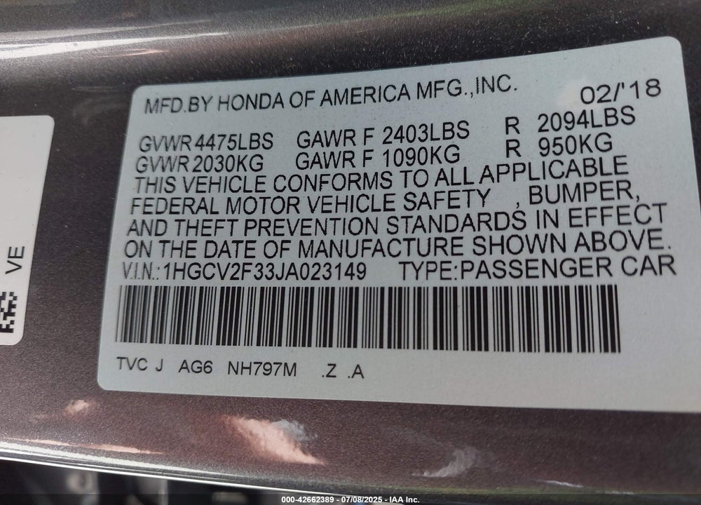 2018 HONDA ACCORD SPORT 2.0T VIN: 1HGCV2F33JA023149