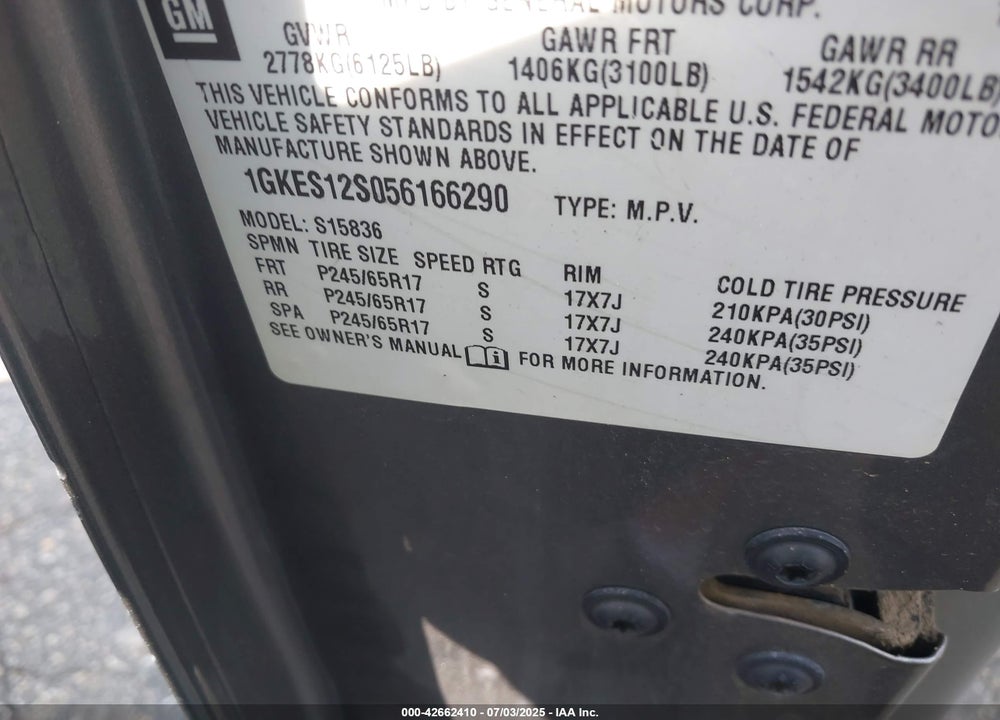 2005 GMC ENVOY XUV SLE VIN: 1GKES12S056166290