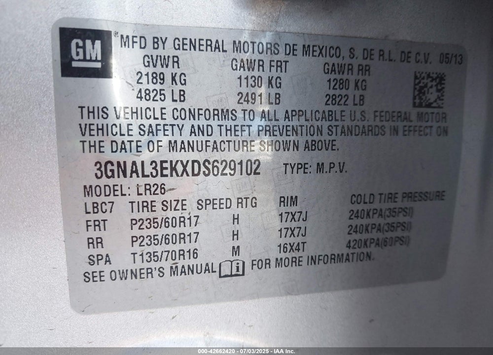 2013 CHEVROLET CAPTIVA SPORT VIN: 3GNAL3EKXDS629102