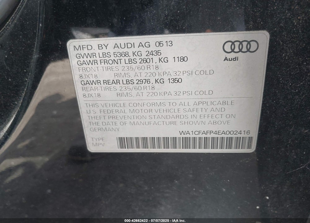 2014 AUDI Q5 VIN: WA1CFAFP4EA002416