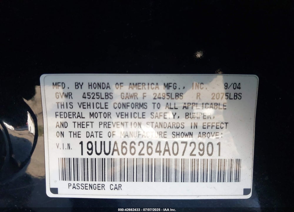 2004 ACURA TL VIN: 19UUA66264A072901