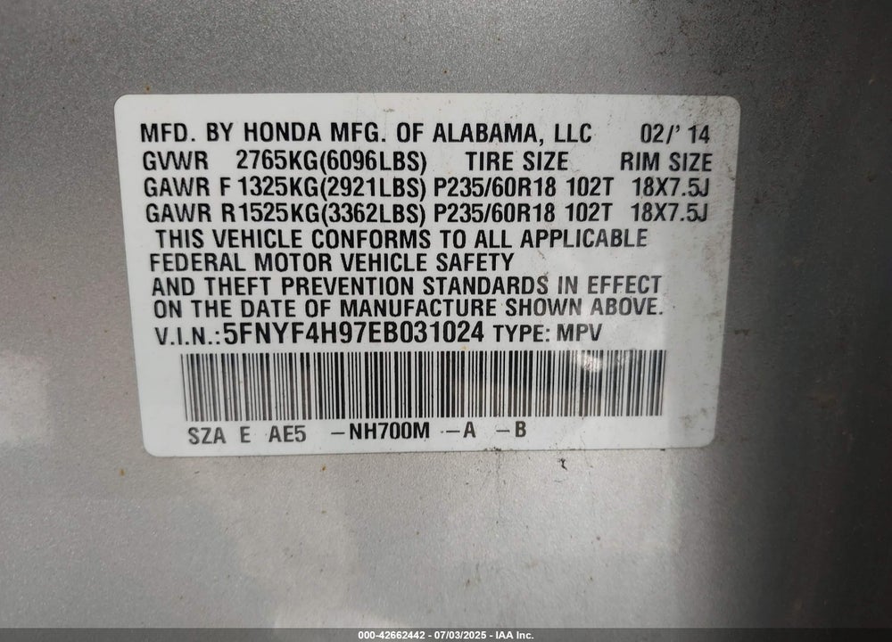 2014 HONDA PILOT VIN: 5FNYF4H97EB031024
