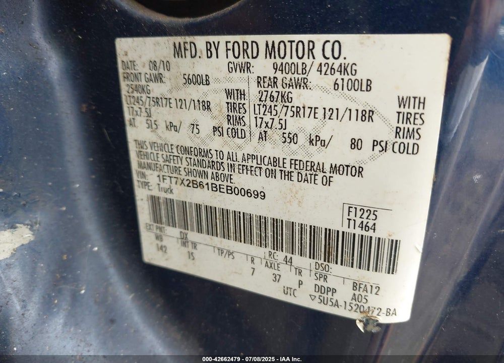 2011 FORD F-250 VIN: 1FT7X2B61BEB00699