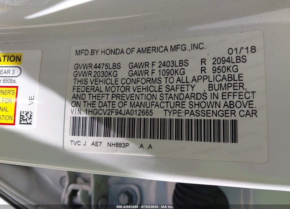 2018 HONDA ACCORD VIN: 1HGCV2F94JA012665