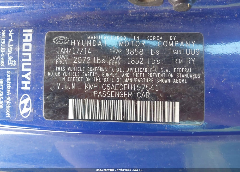 2014 HYUNDAI VELOSTER TURBO W/BLACK VIN: KMHTC6AE0EU197541
