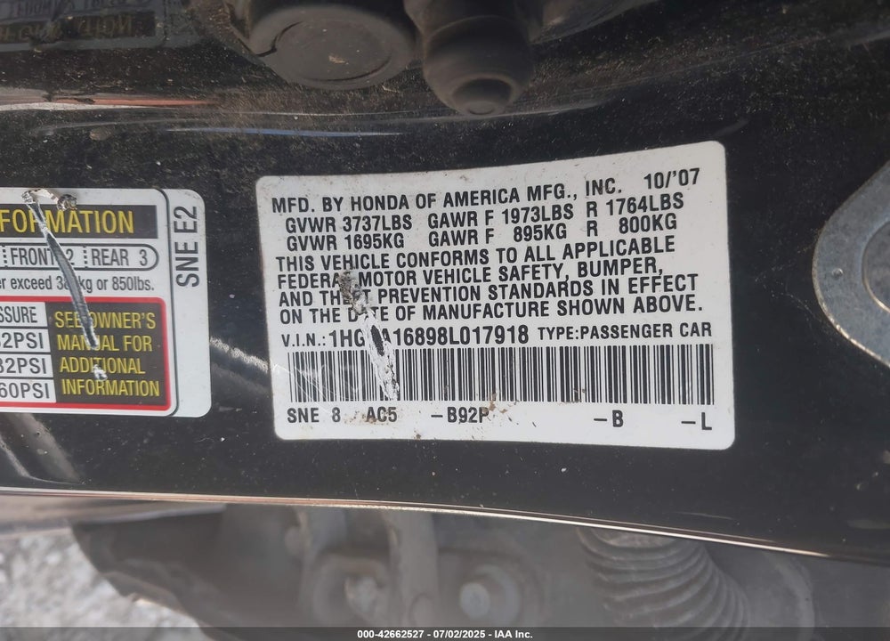 2008 HONDA CIVIC EX VIN: 1HGFA16898L017918