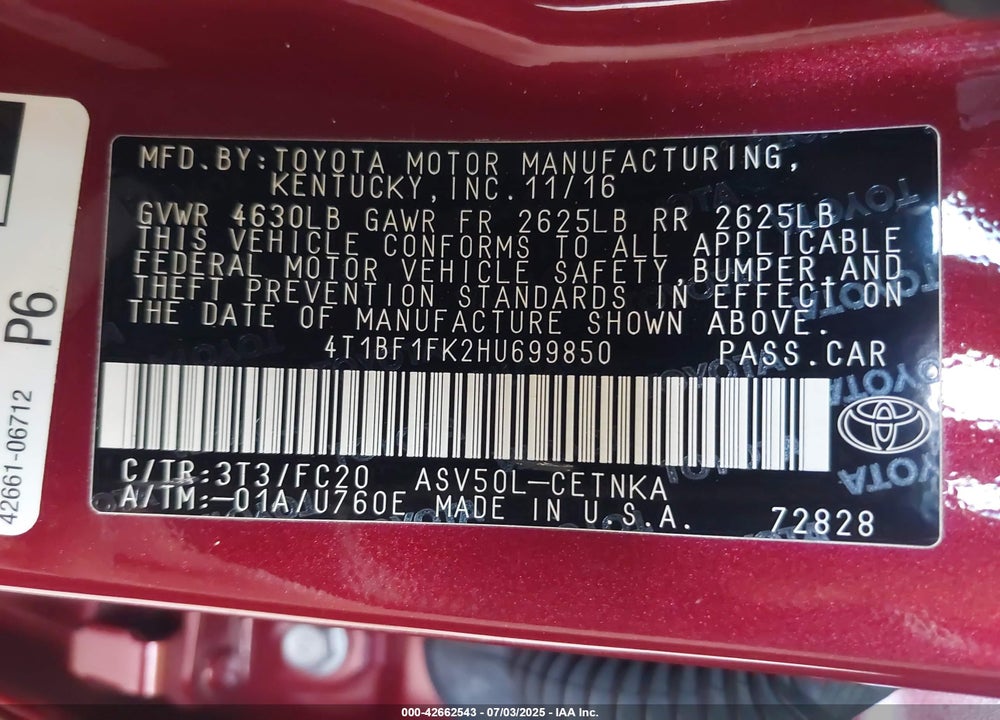 2017 TOYOTA CAMRY VIN: 4T1BF1FK2HU699850