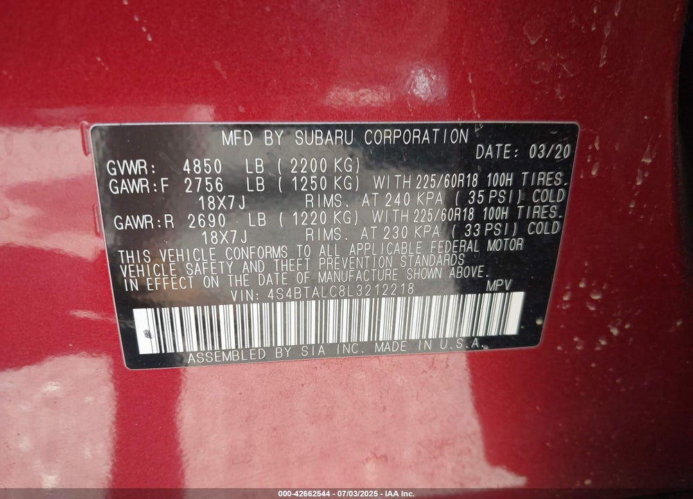 2020 SUBARU OUTBACK LIMITED VIN: 4S4BTALC8L3212218
