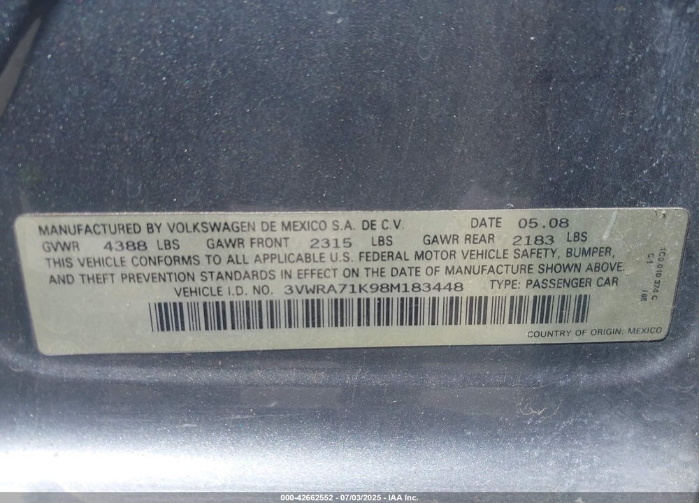 2008 VOLKSWAGEN JETTA VIN: 3VWRA71K98M183448