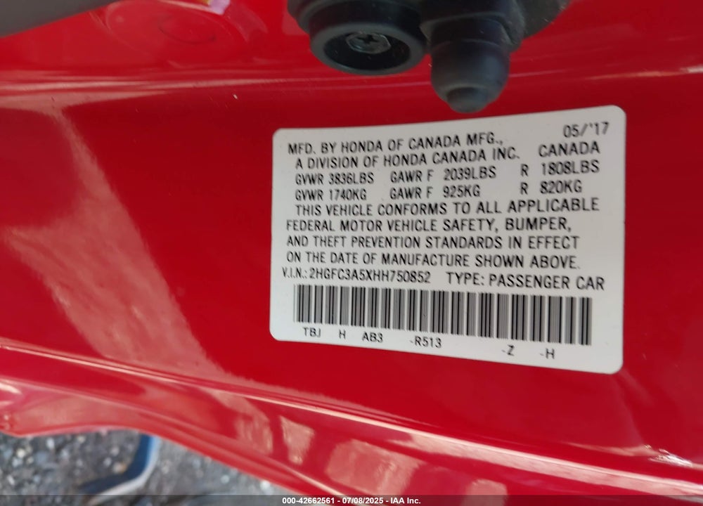 2017 HONDA CIVIC VIN: 2HGFC3A5XHH750852