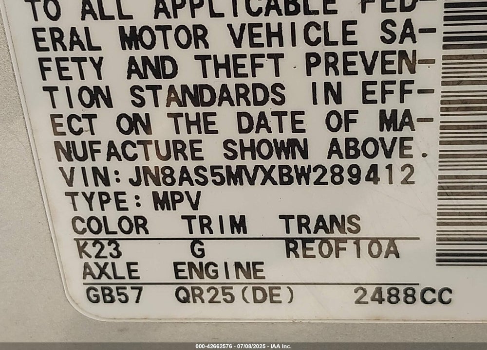 2011 NISSAN ROGUE VIN: JN8AS5MVXBW289412