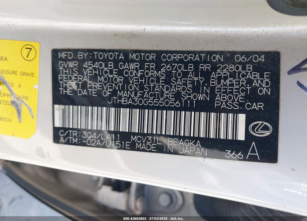 2005 LEXUS ES 330 VIN: JTHBA30G555056111