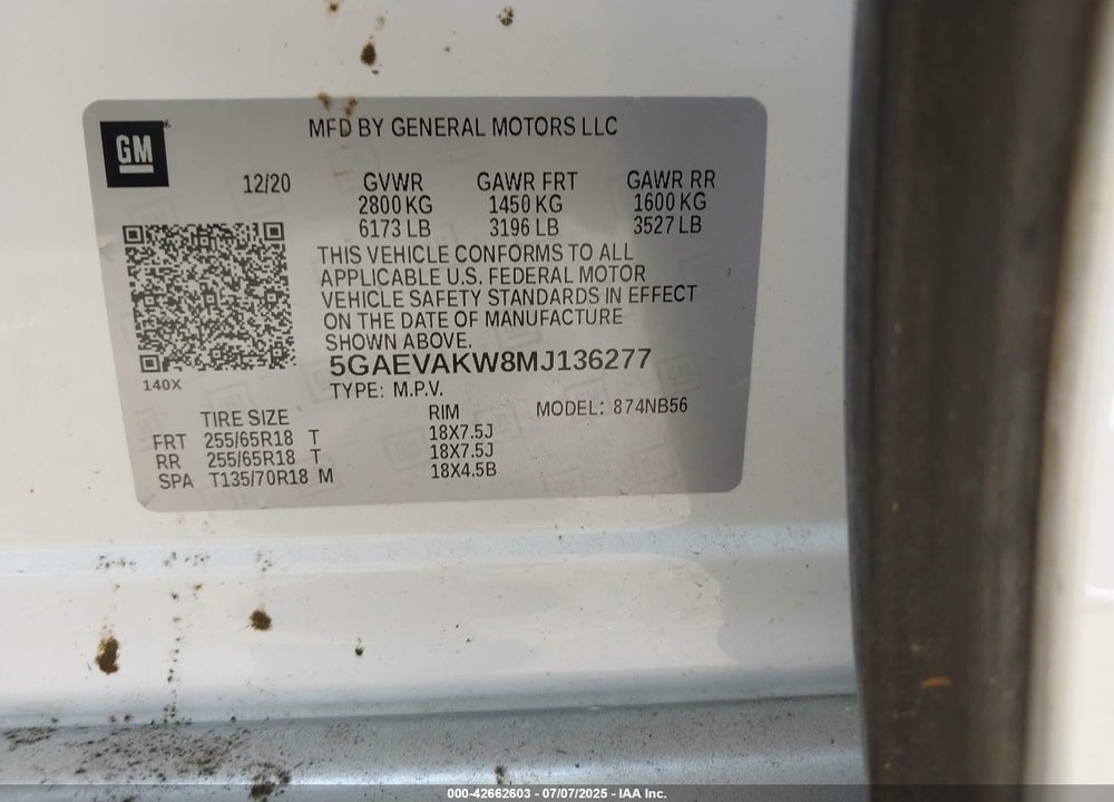2021 BUICK ENCLAVE VIN: 5GAEVAKW8MJ136277