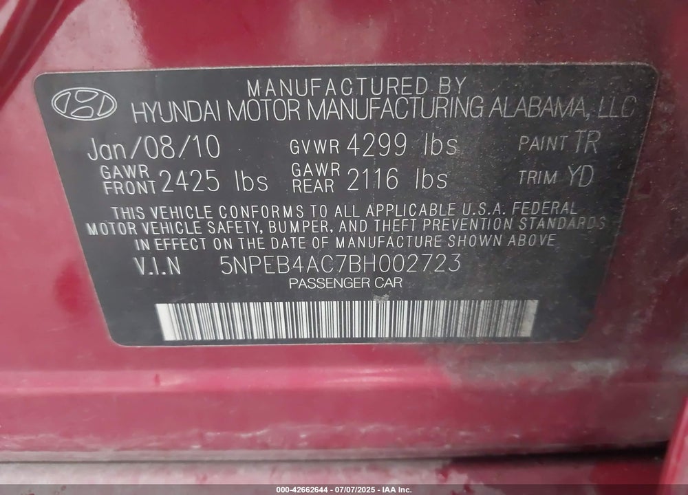2011 HYUNDAI SONATA VIN: 5NPEB4AC7BH002723