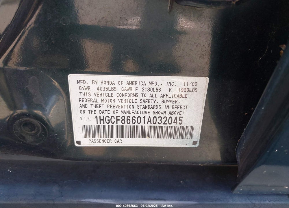 2001 HONDA ACCORD VALUE PACKAGE VIN: 1HGCF86601A032045