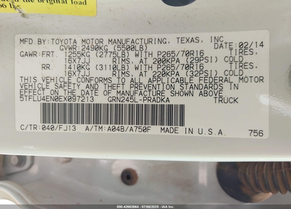 2014 TOYOTA TACOMA VIN: 5TFLU4EN0EX097213