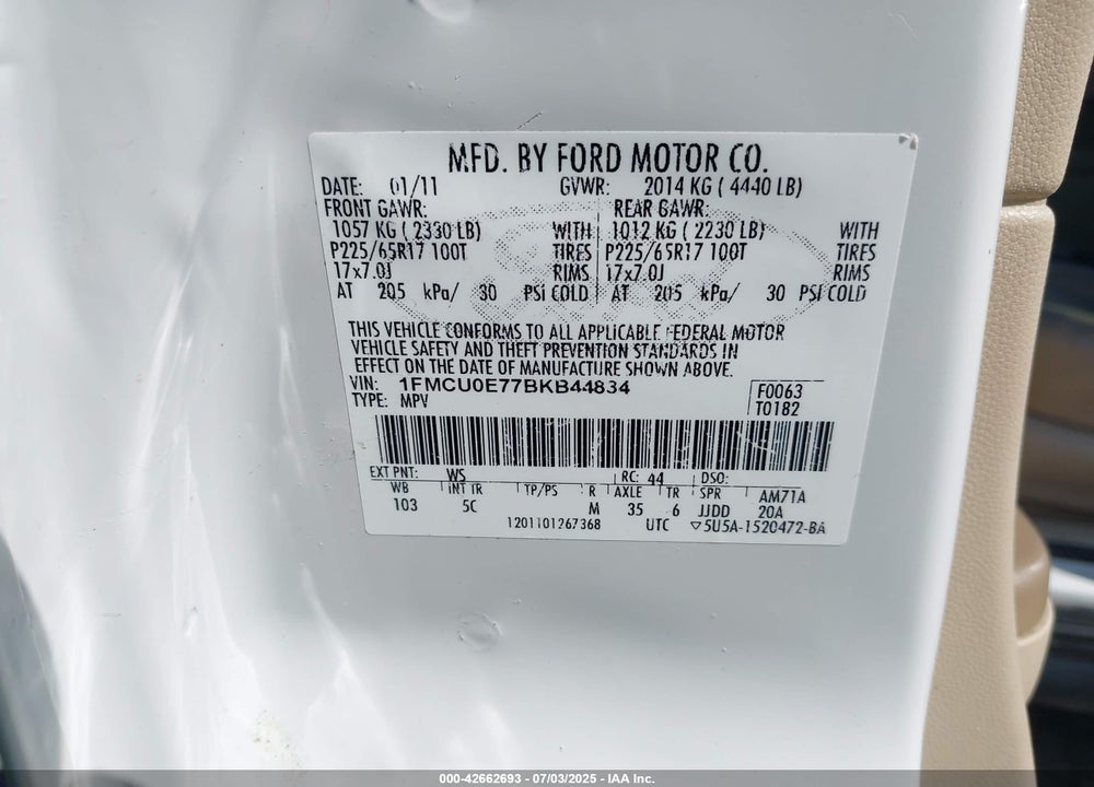 2011 FORD ESCAPE VIN: 1FMCU0E77BKB44834