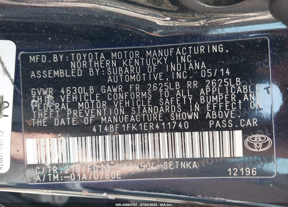 2014 TOYOTA CAMRY VIN: 4T4BF1FK1ER411740