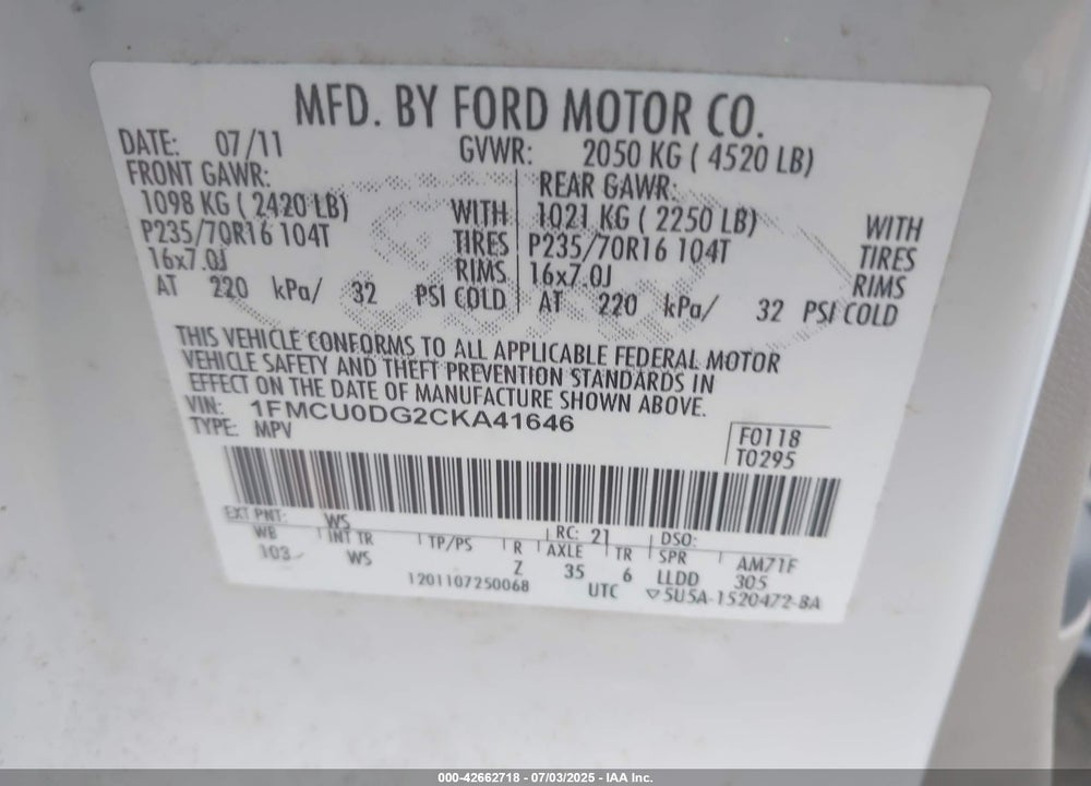 2012 FORD ESCAPE VIN: 1FMCU0DG2CKA41646