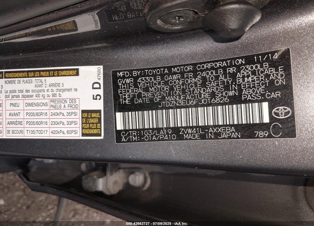 2015 TOYOTA PRIUS V VIN: JTDZN3EU6FJ016826