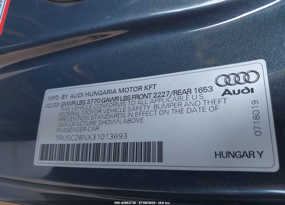 2003 AUDI TT 1.8L VIN: TRUSC28NX31013693