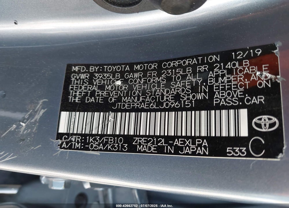 2020 TOYOTA COROLLA LE VIN: JTDEPRAE6LJ096151